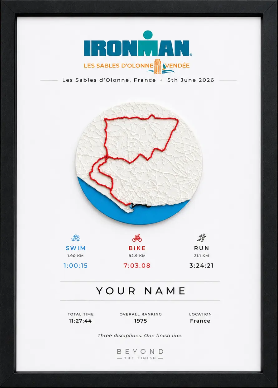 Framed 3D Ironman route keepsake with terrain map and race details