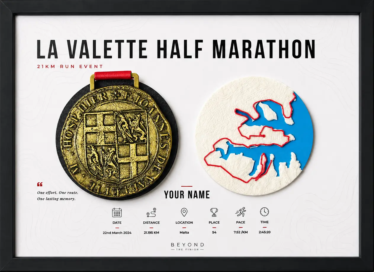 La Valette Half Marathon medal frame with 3D route of Malta and race stats