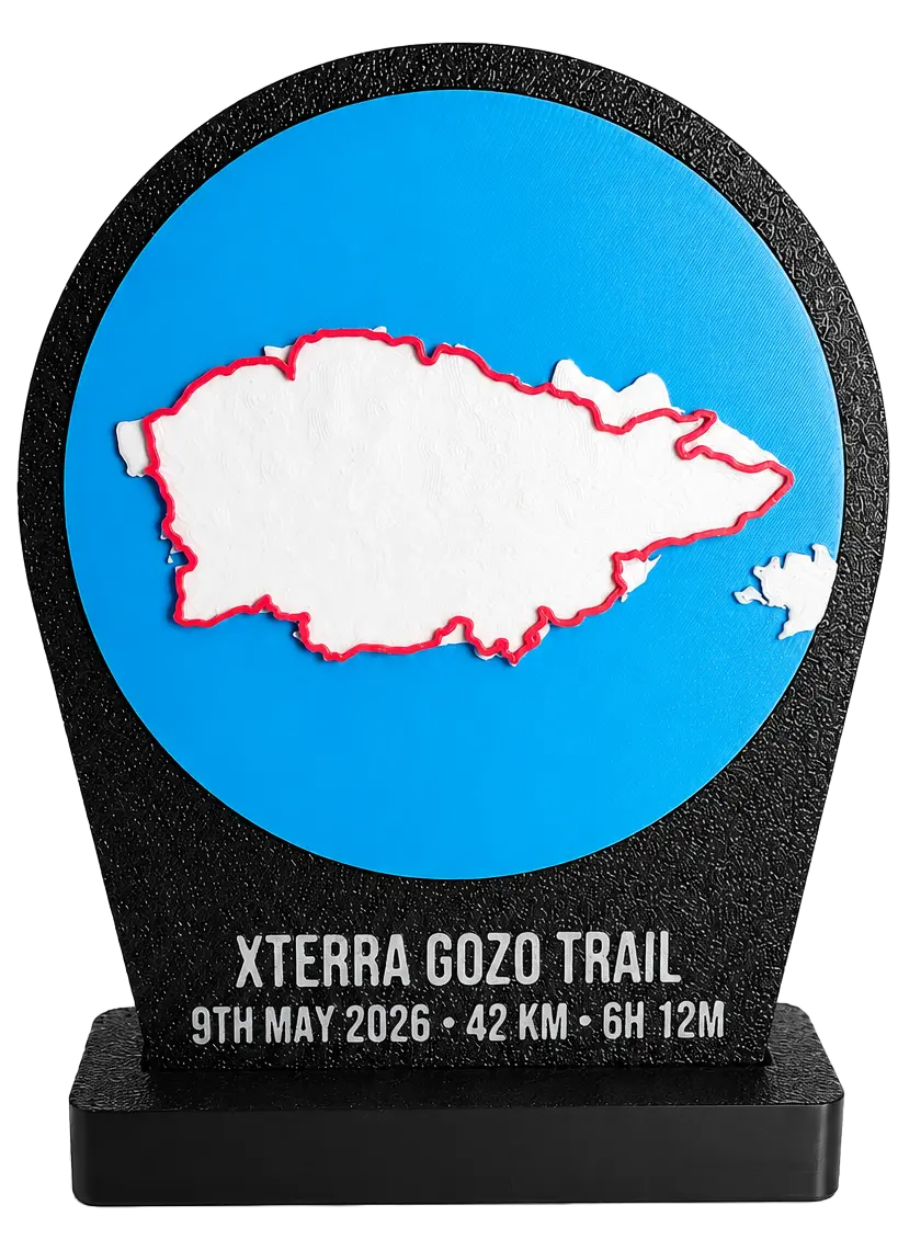 Mini keepsake desk piece, XTERRA Gozo route on a stand
